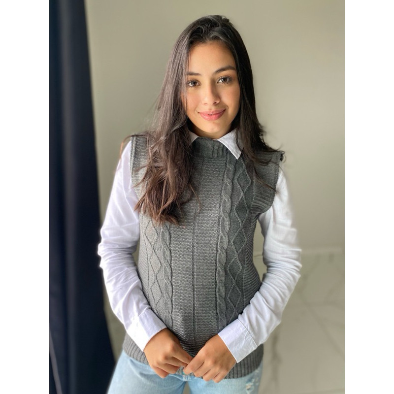 Colete Tricot Trança sobre posição sueter max colete moda feminina regata tricô blogueira inverno