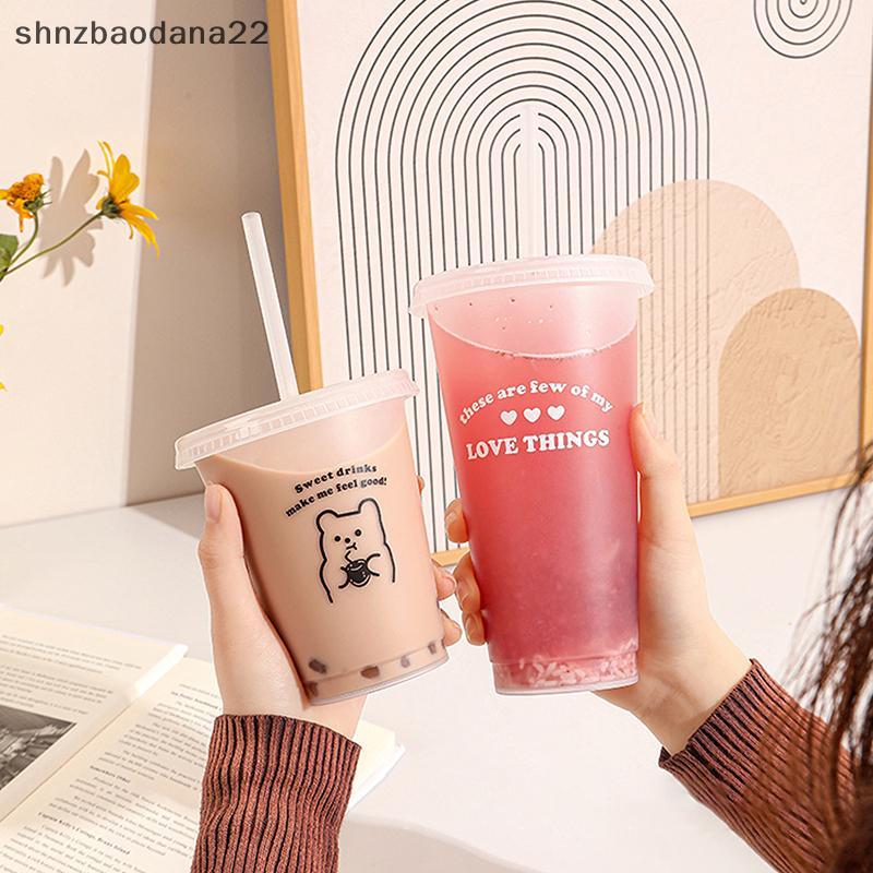 [Shnzd] Garrafa De Água Kawaii Para Suco De Café , Leite , Chá , Copos Frios De Plástico Fofos Com Tampa De Palha , Port