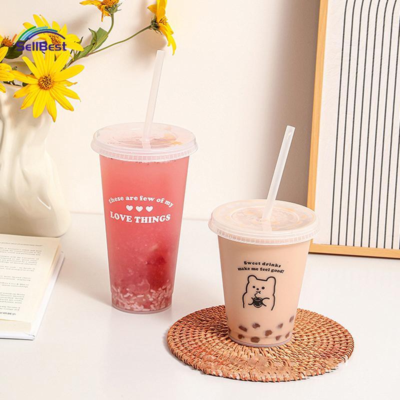 Sellbest Garrafa De Água Kawaii Para Café , Suco , Leite , Chá , Copos Frios De Plástico Fofos Com Tampa De Palha , Port