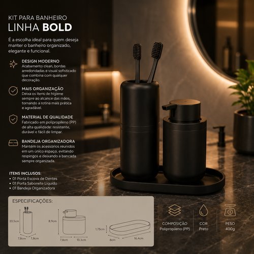 Kit Banheiro Organizador Porta Escova Sabonete Bandeja Preto Compacto Resistente