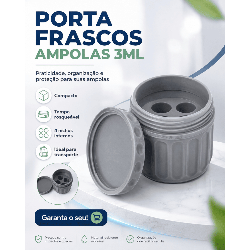 Porta Frascos Ampolas 3ml | 4 Nichos | Tampa Rosqueável | Compacto | Proteção para Transporte