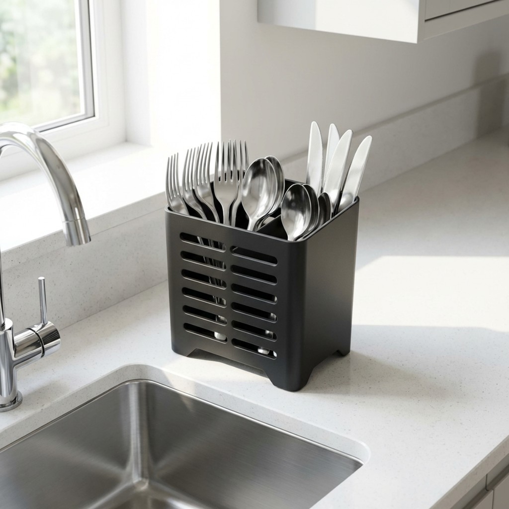 Escorredor e Porta Talheres e Utensílios de Plástico Preto para Pia Cozinha Compacto e Moderno