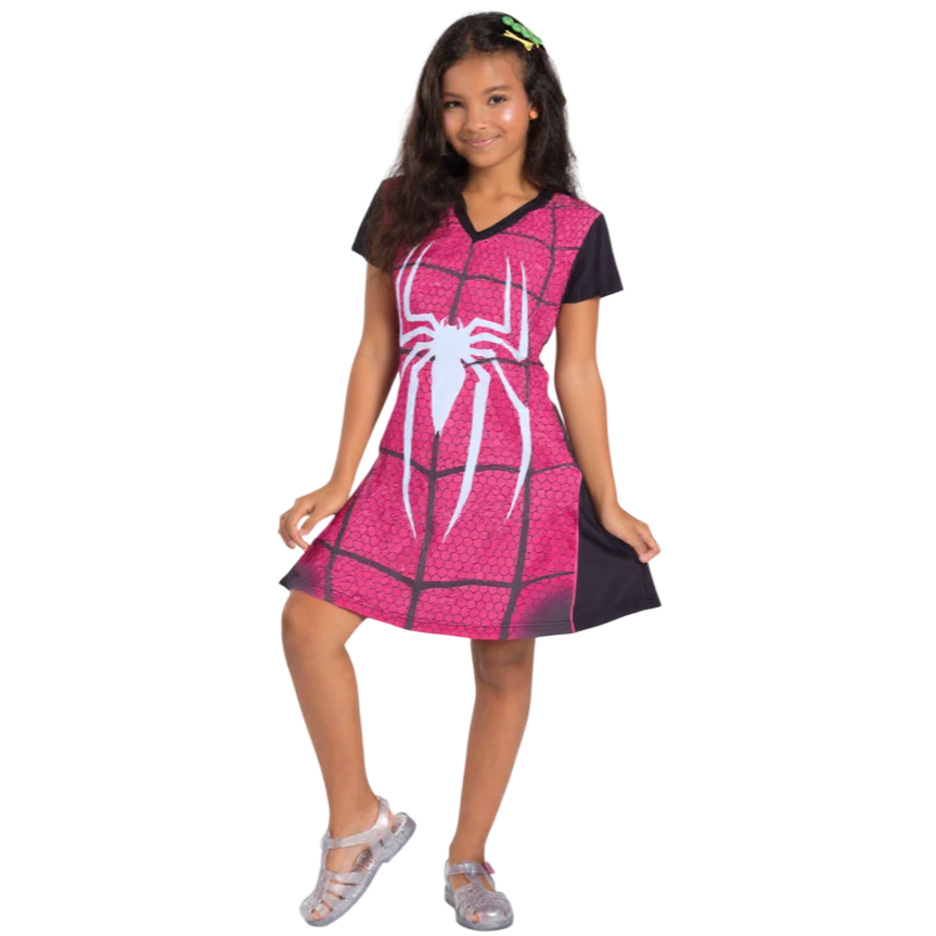 Vestido Menina Infantil Tematico Simples Basico Mulher Aranha com mascara de Tecido