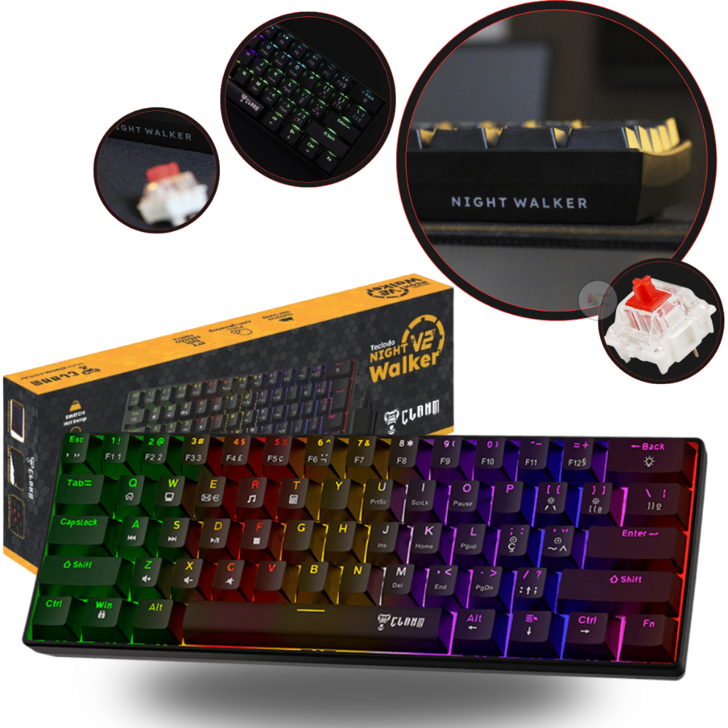 Teclado Gamer Clanm 60% V2 Night Walker Rgb Switch Red Mecânico