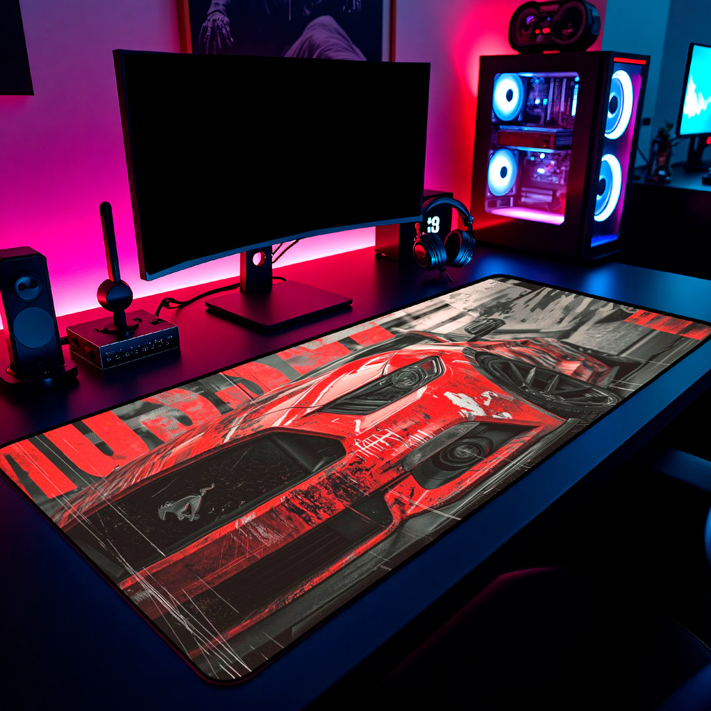 Mouse Pad Carro Ford Mustang Red Gamer 65x30cm / 80x40cm / 90x50cm / 120x60cm Borda Costurada