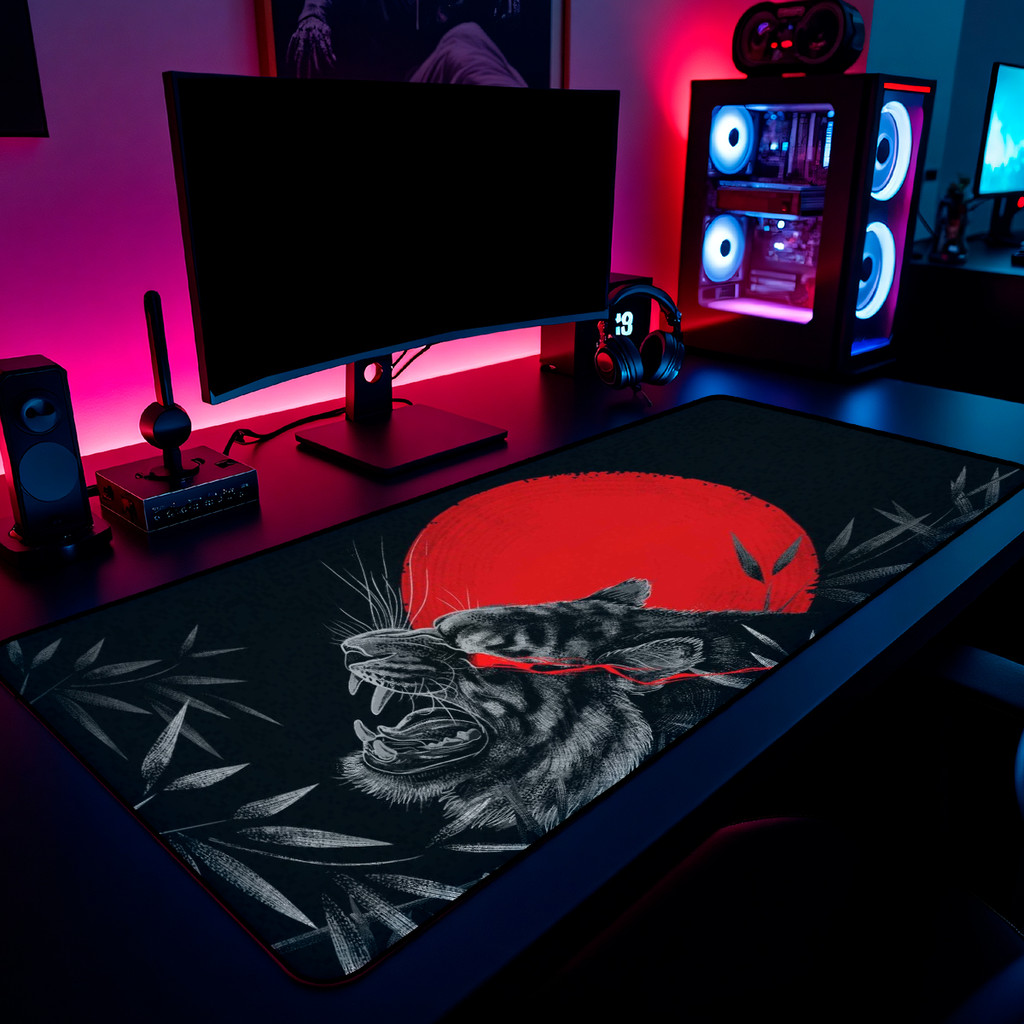 Mouse Pad Gamer Tigre Sol Red Oriental 65x30cm / 80x40cm / 90x50cm / 120x60cm / Borda Costurada