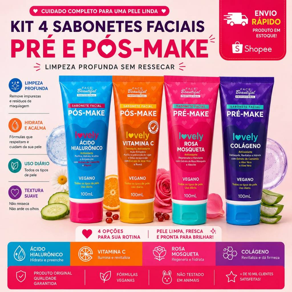 Kit 4 Sabonetes Faciais Face Beautiful Professional Pré e Pós Make 100ml cada