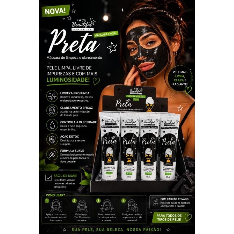 Máscara Facial Preta Face Beautiful Professional 50ml – Limpeza Profunda com Carvão Ativado