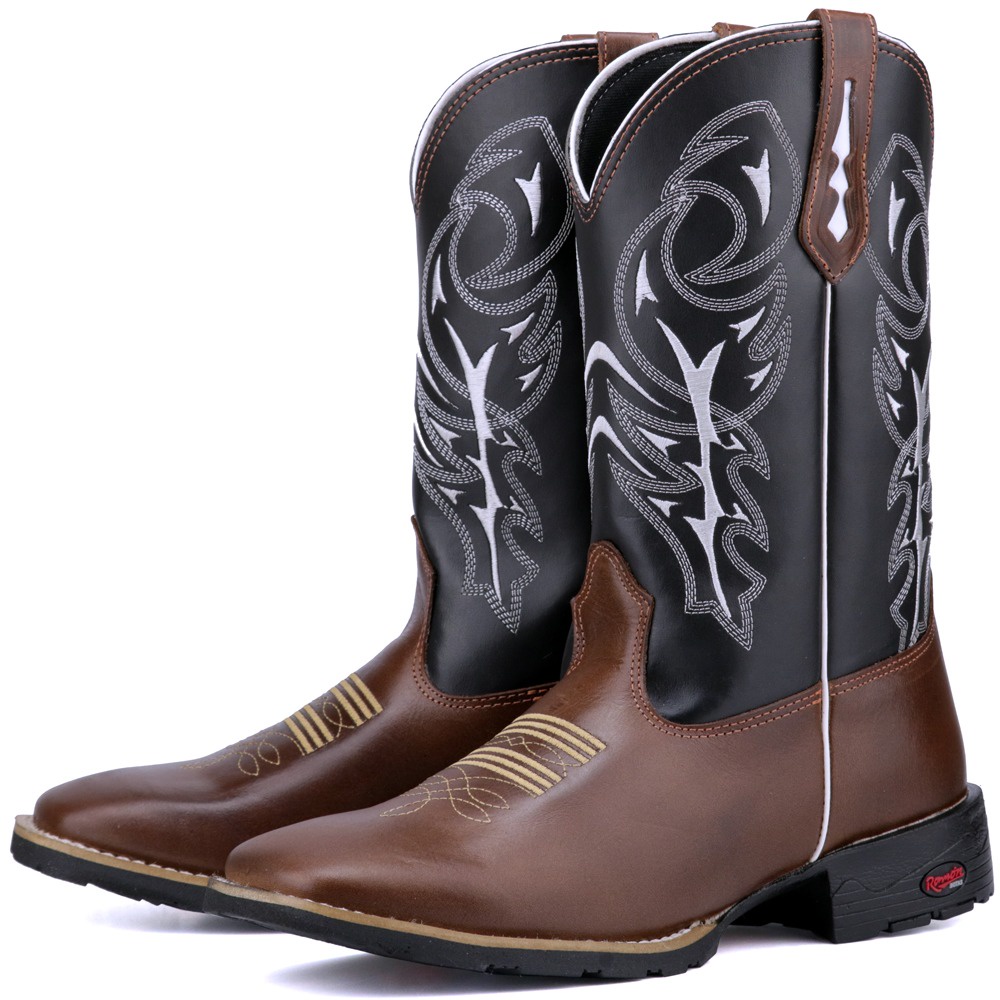 Bota Texana Botina Country Cano Alto Bordado Couro Bico Quadrado Cavalgada Ramon Botas