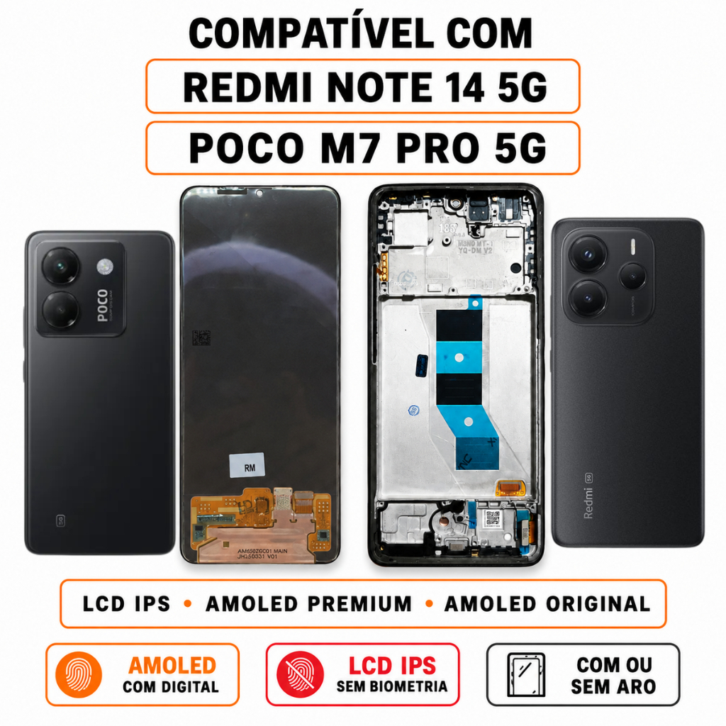 Frontal POCO M7 Pro/Redmi Note 14 5G AMOLED OLED Premium/Original LCD IPS 1ª Linha C/S Aro/Biometria