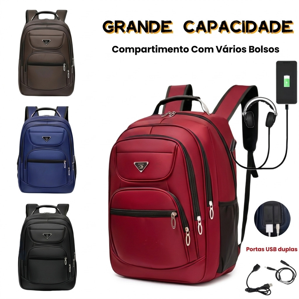 Mochila Grande Capacidade Unissex com Porta USB e Saída para Fone de Ouvido Externa