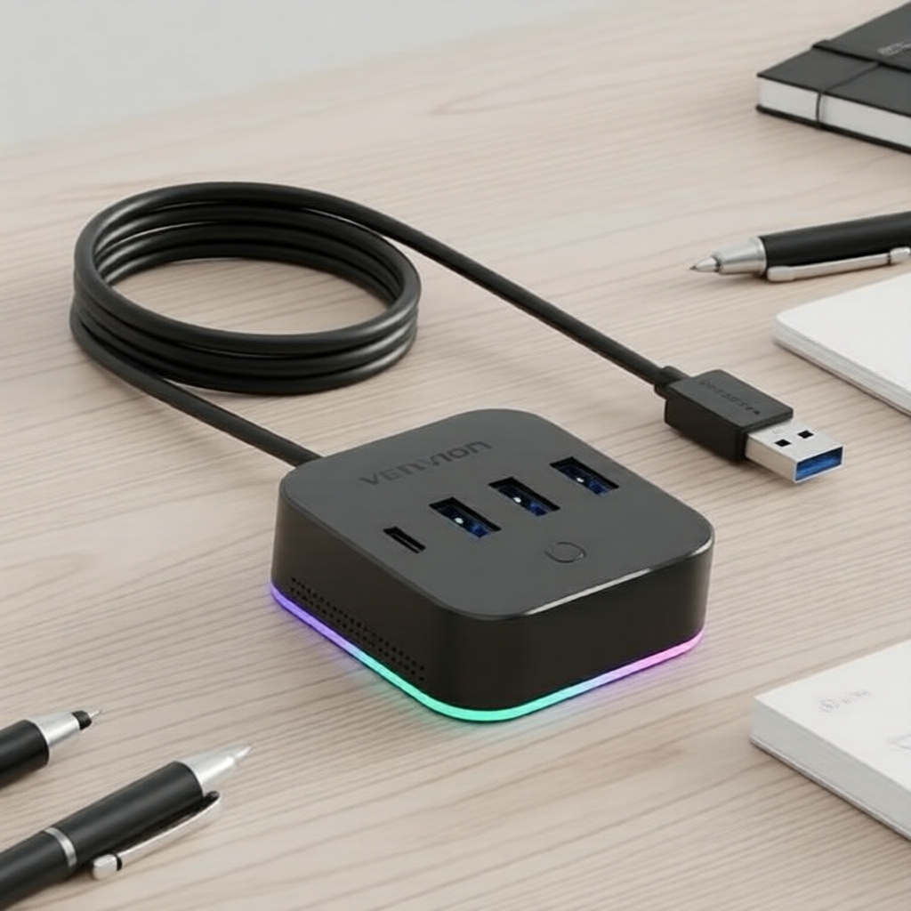 Vention Hub USB de Mesa com 4 Portas RGB 5 em 1 para PCs, Laptops e HDs Externos