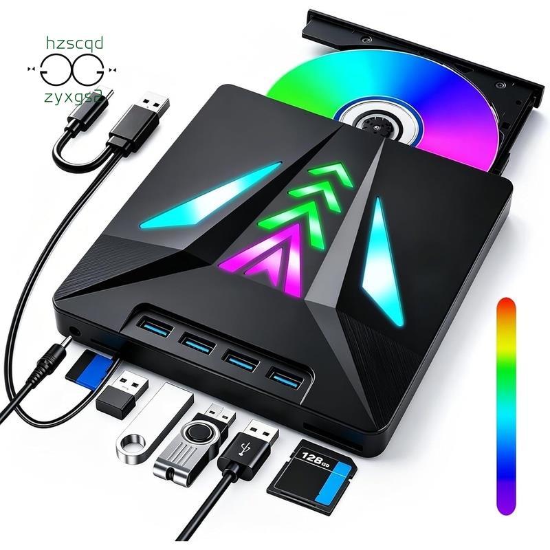 Unidade Externa De CD/DVD USB 3.0 Com 4 Portas E Leitor De Cartão SD/TF , Queimador De ROM +/- RW Luz LED Para Laptop ,