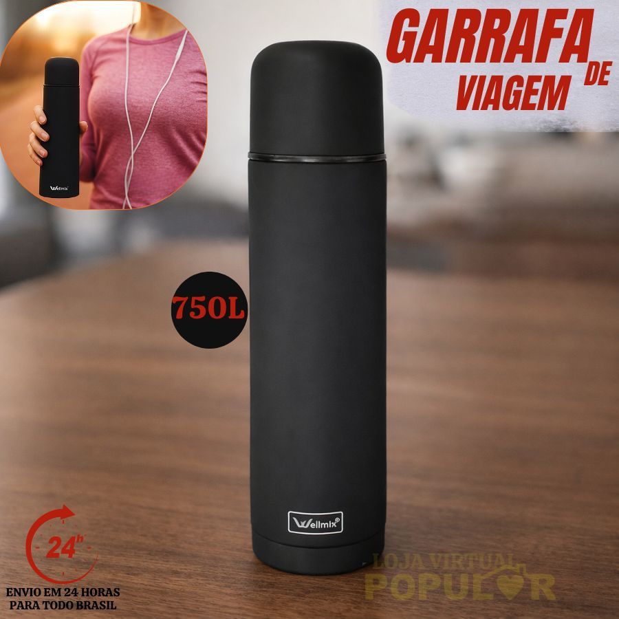 Garrafa Térmica Aço Inox 750ML Preta Garrafinha  Água Quente e Frio Parede Dupla