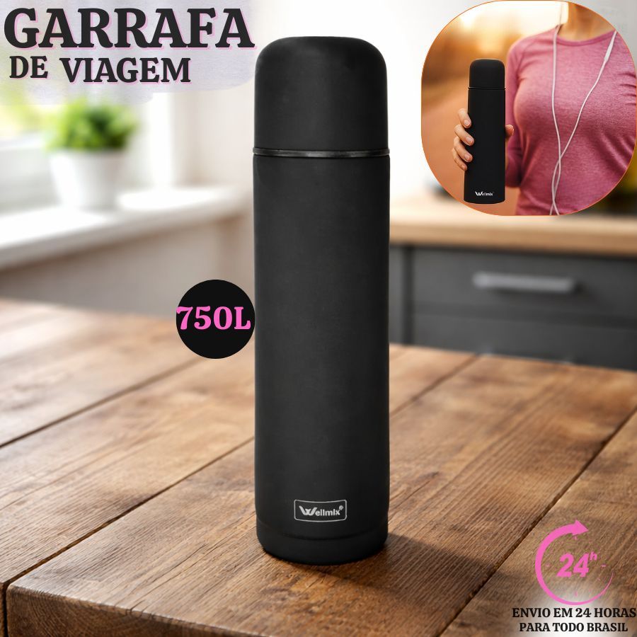 Garrafa Térmica Aço Inox Preta Garrafinha 750ML Água Quente e Frio Parede Dupla