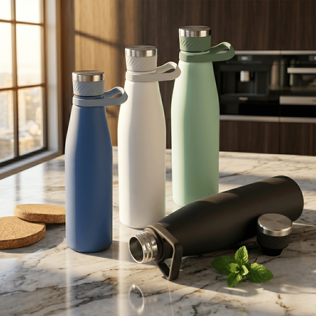 Garrafa Térmica Aço Inox 750ml Parede Dupla Academia Frio Quente Água Café C/ Alça Silicone