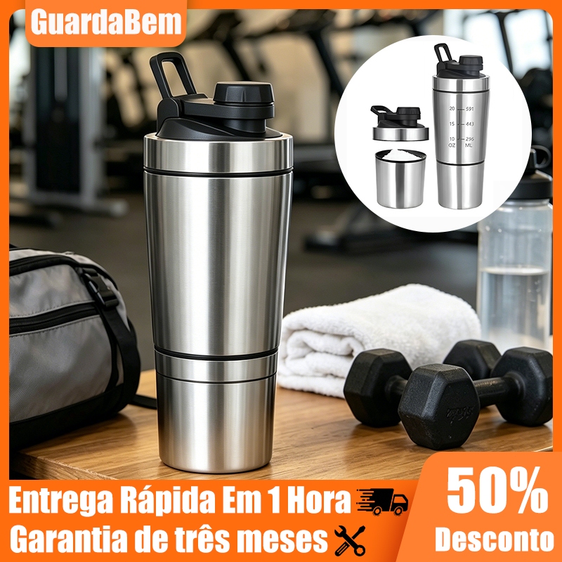 Shakeira Dupla de Inox 750ml Coqueteleira para Academia, Misturador com Mola para Proteína Shake