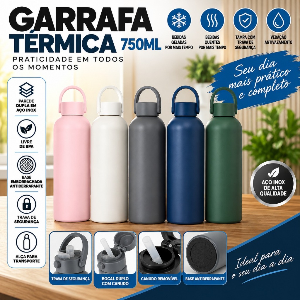 Garrafa Térmica 750ml Inox 304 Parede Dupla Tampa Rosqueável com Alça Flexível