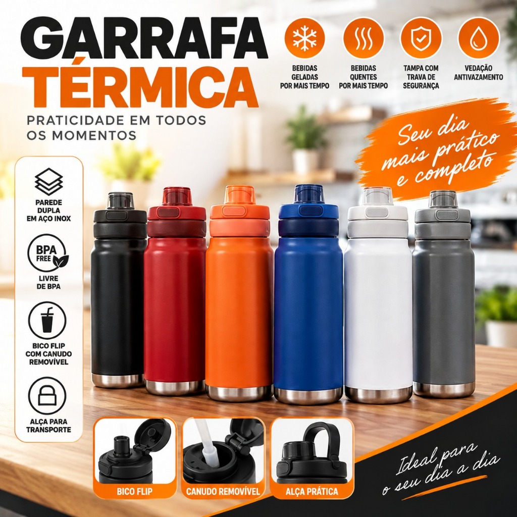 *Garrafa Térmica 750ml Inox Parede Dupla com Tampa Rosqueável