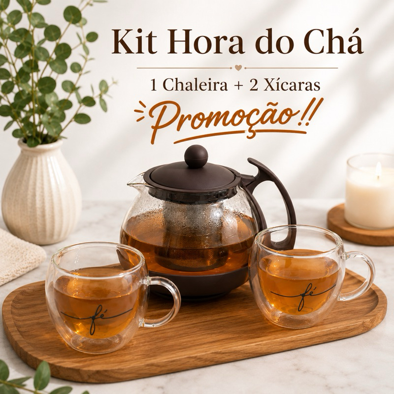 Kit Chaleira de Vidro 750ml com Infusor + 2 Xícaras de Vidro Dupla Parede 100ml Café e Chá