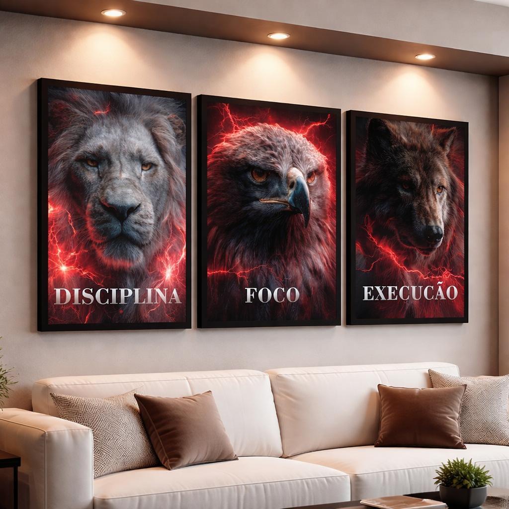 Trio de Quadros Decorativo Sala Motivacionais Animais Execução Foco e Disciplina