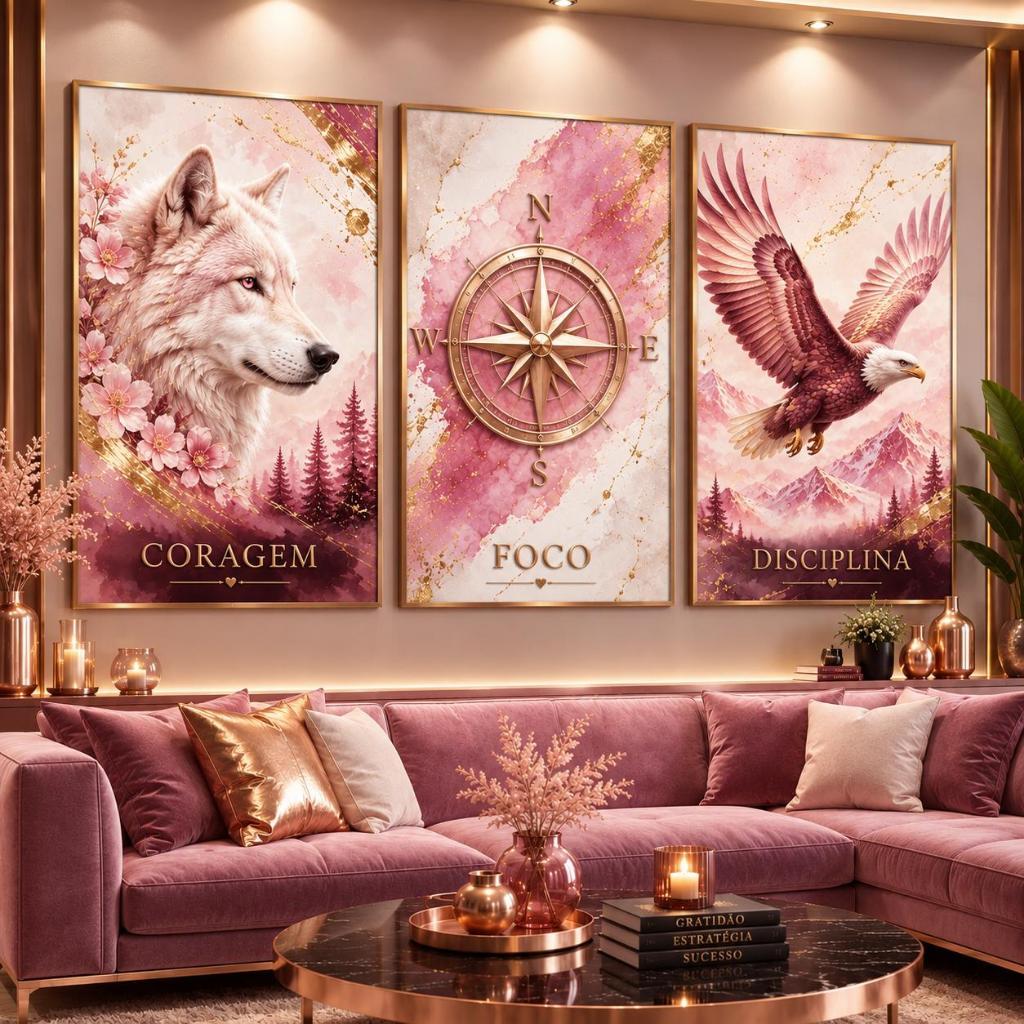 Trio de Quadros Decorativos motivacionais Coragem Foco e Disciplina