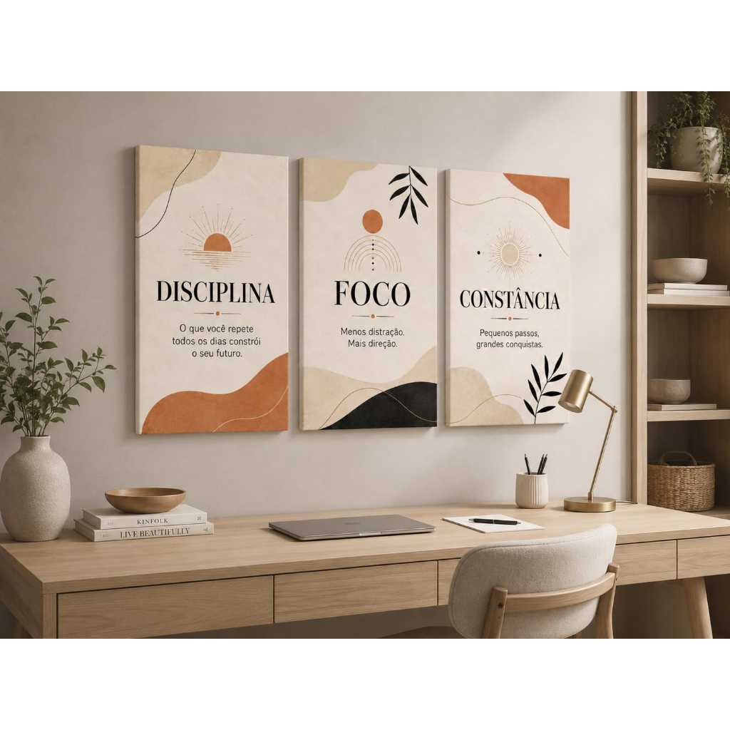 trio quadros decorativos motivacionais, disciplina foco constância, boho bege, escritório sala, decoração moderna