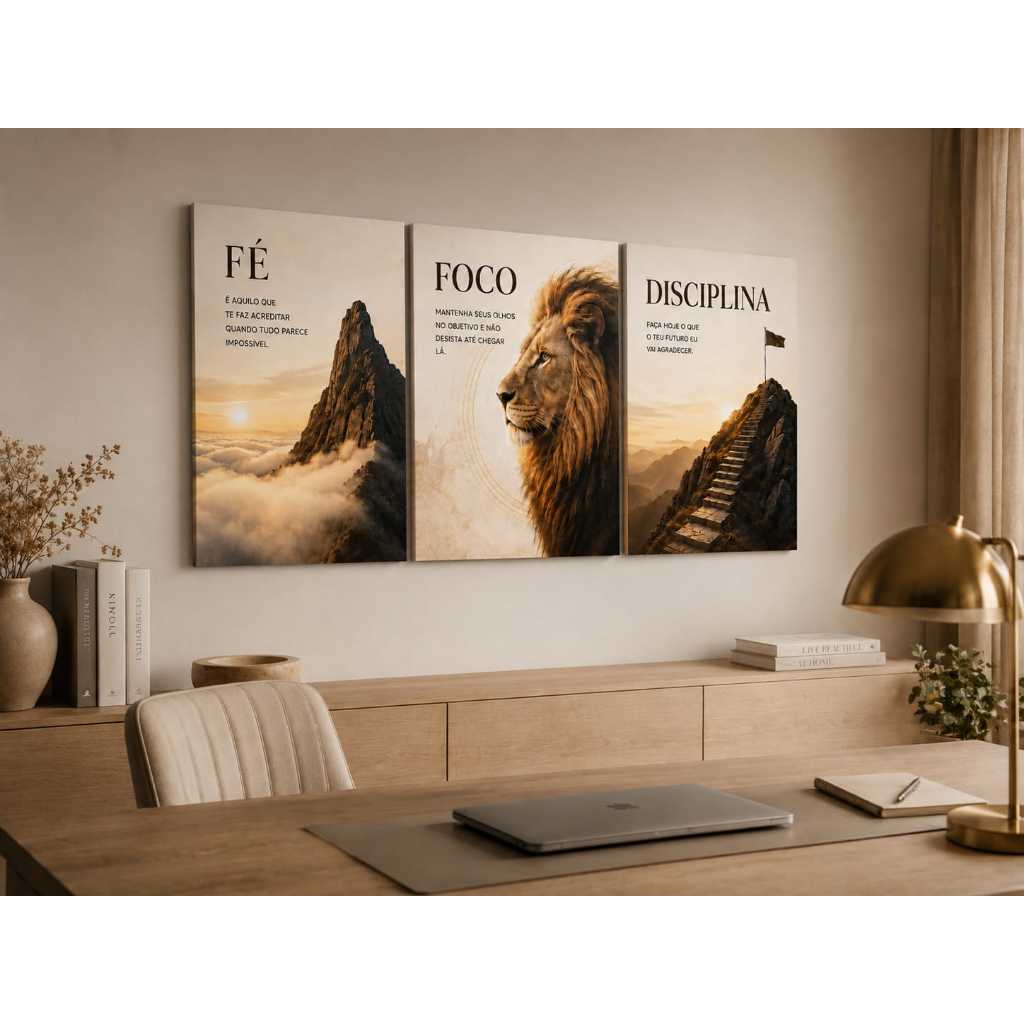 Trio quadros decorativos leão fé foco disciplina motivacional sala escritório decoração moderna sem moldura kit 3 peças