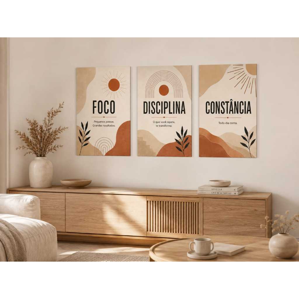 Trio quadros motivacionais, foco disciplina constância, boho minimalista, tons terrosos, escritório, sala, home office