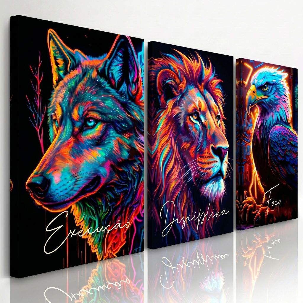 Trio Quadros Decoração Painel Executivo Execução Disciplina Foco Animais Poderosos Motivacional Águia