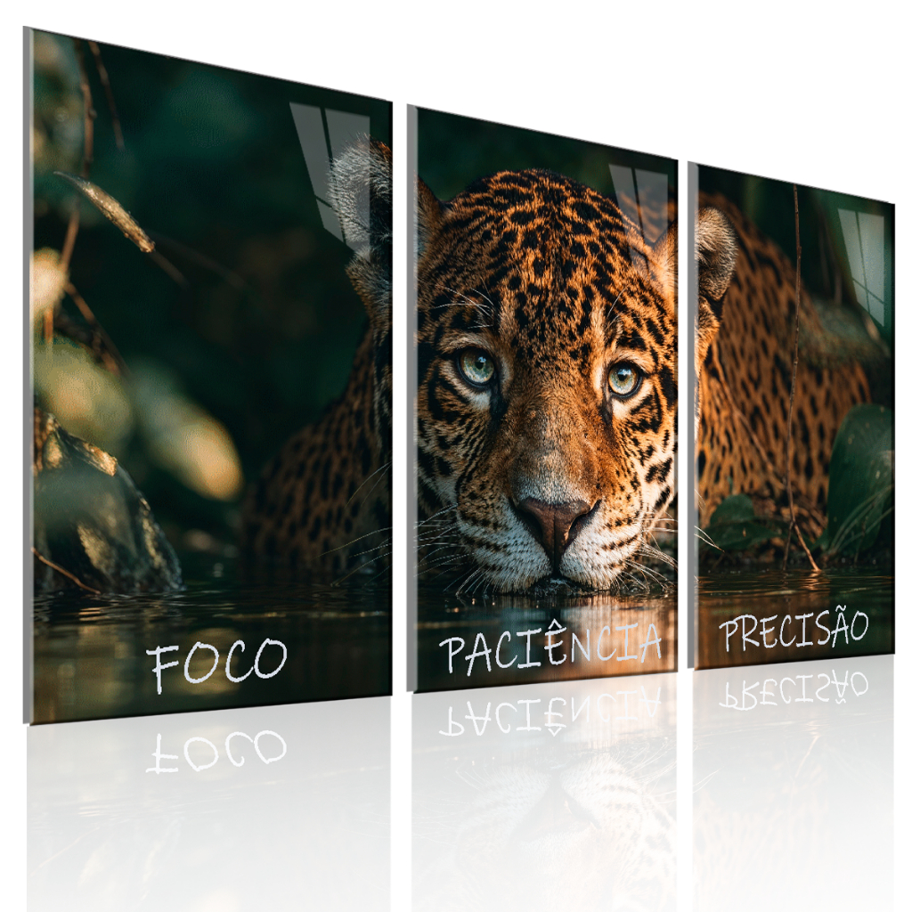 Trio de Quadros Motivacionais Onça Foco Paciência e Precisão