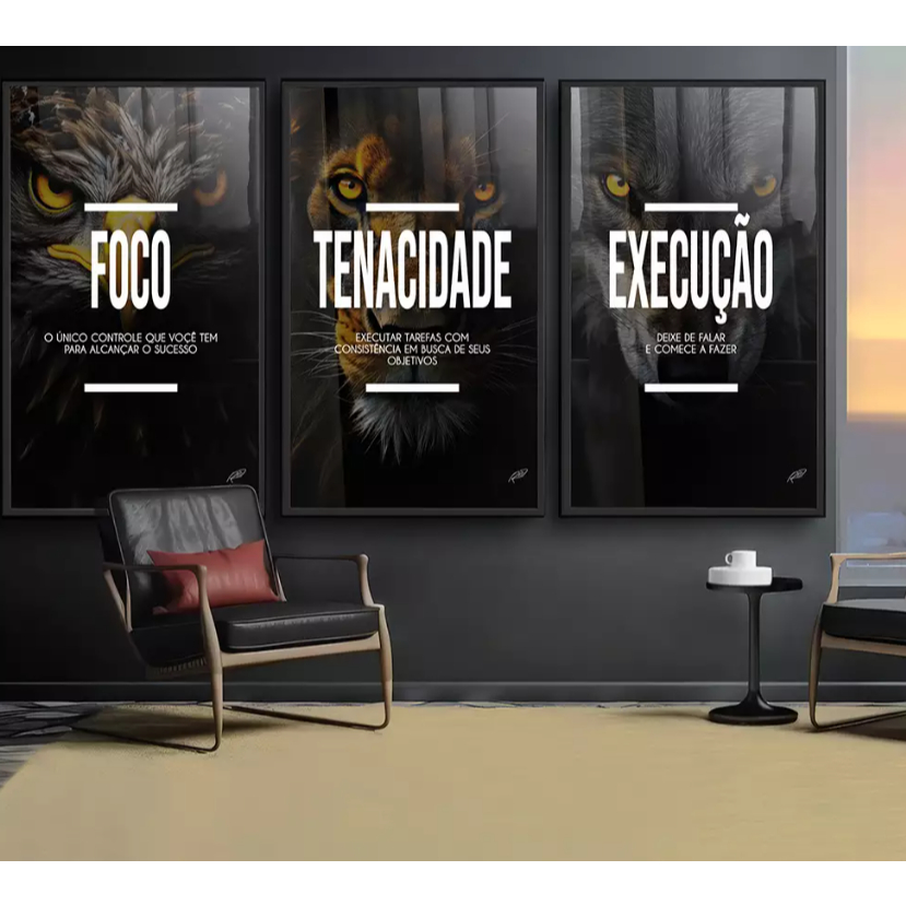 Quadro Decorativo Mosaico Lindo Trio Motivação Foco Execução Tenacidade Tamanho 120x60 Sala Quarto Recepção Escritório