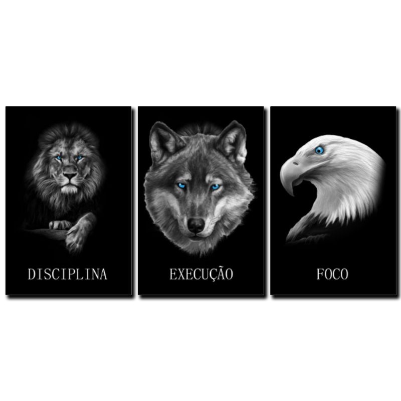 Kit Quadros Decorativos Mosaico 3 Peças Trio Motivacional Frase Disciplina Execução Foco Força Fé Escritório Leão Judá Aguia Falcão Lobo Minimalista Olhos Azuis