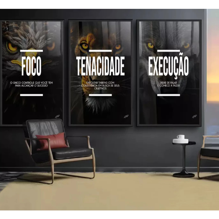 Quadro Decorativo 3 Peças Motivacional Trio Foco, Execução e Tenacidade