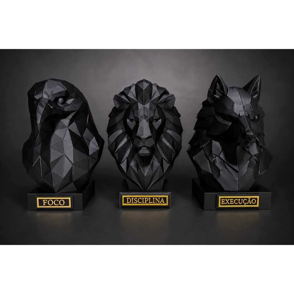 Kit Trio Motivacional Premium - Foco, Disciplina e Execução | Estátuas Low Poly 3D