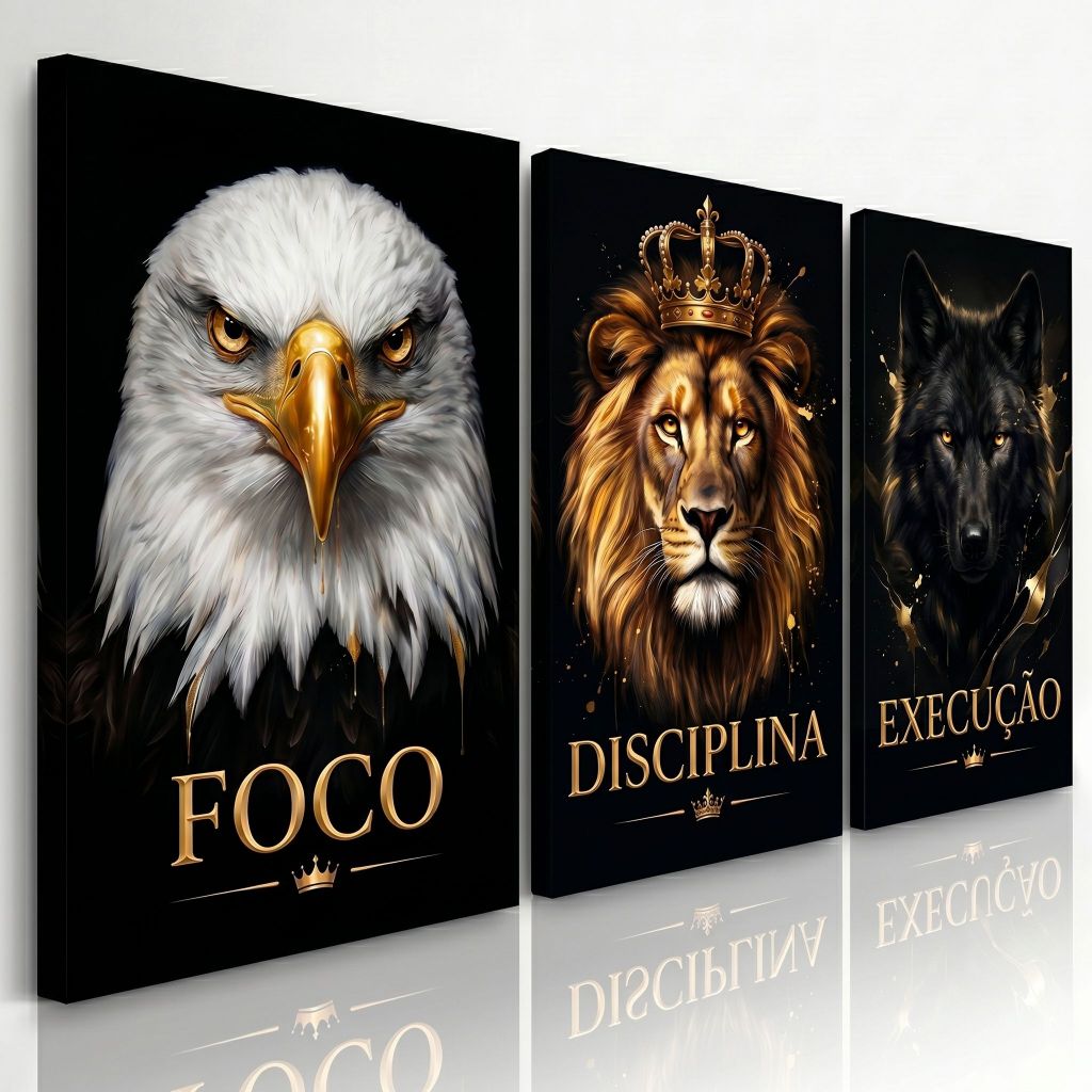 Trio Quadros Decoração Painel Águia Leão Lobo Foco Disciplina Execução Motivacional Preto Dourado Gold