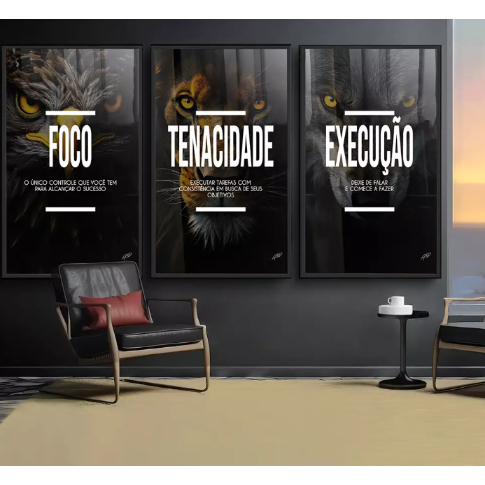 Quadro Decorativo Motivacional Trio Foco, Execução e Tenacidade
