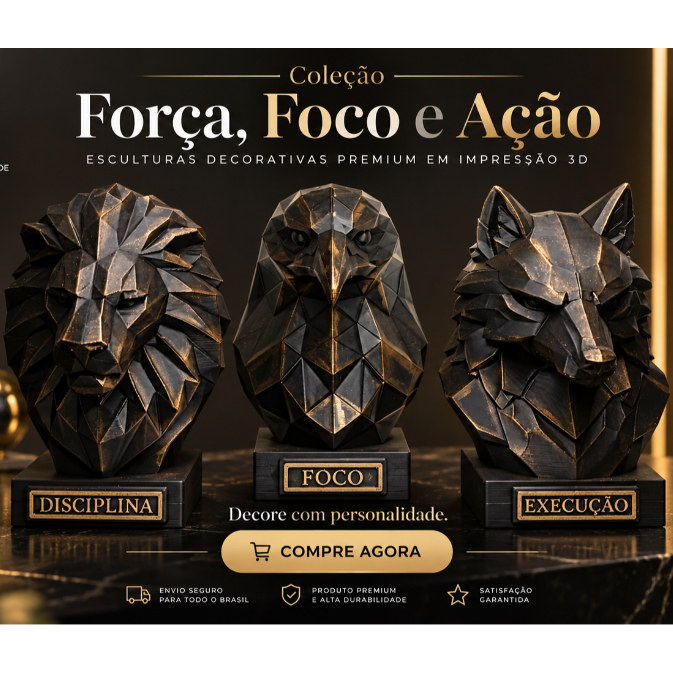 Trio Motivacional Foco Disciplina Execução 15 cm - Decoração Escritório Sala Quarto