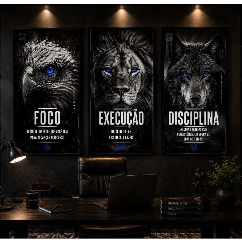 Quadros Trio Motivacional Foco Execução Disciplina Para Sala Quarto Escritório Decorações