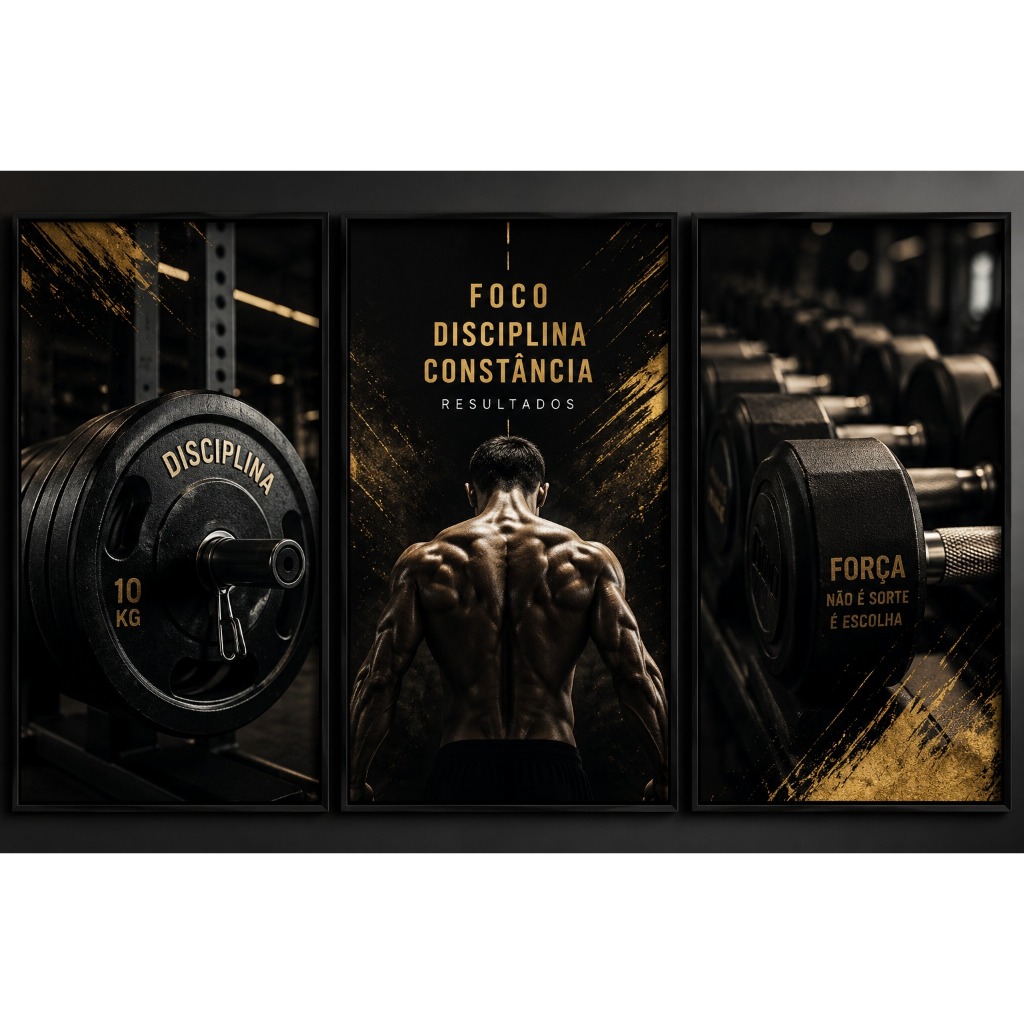 Quadros Motivacional Trio Academia Foco Disciplina Força Preto Gold Para Ambiente Masculino Feminino