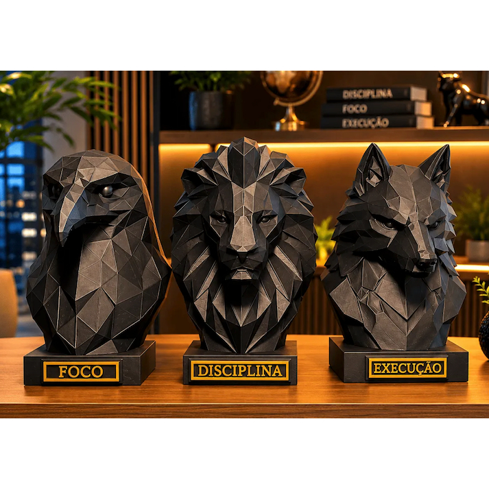 Trio Mentalidade Foco Disciplina Execução em Impressão 3D | Decoração Motivacional para Escritório e Home Office