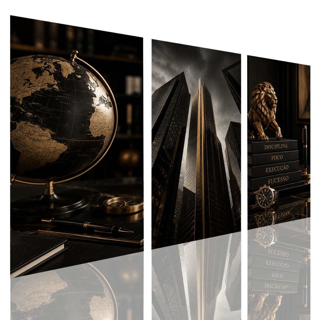 Trio Quadro Motivacional Sucesso Foco Disciplina Escritório Luxo