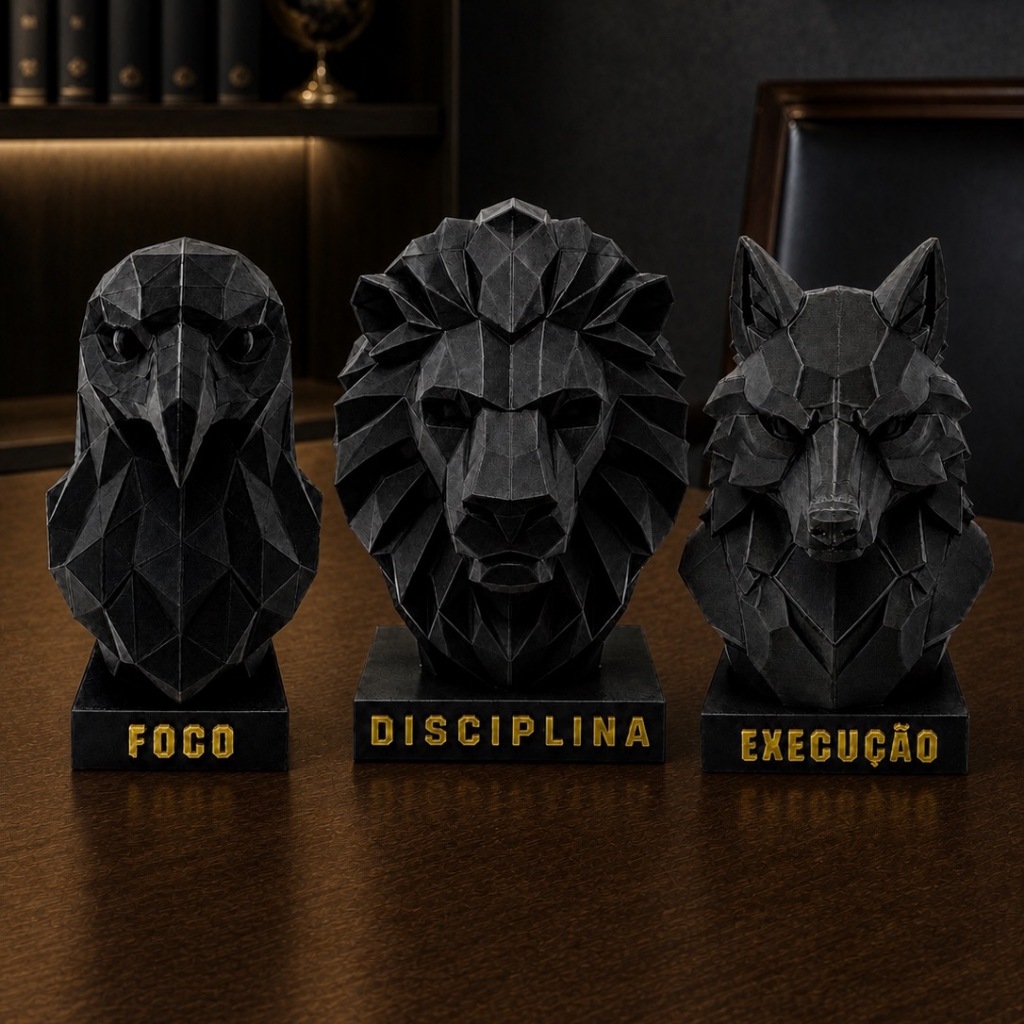 Escultura Trio Foco Disciplina e Execução Motivacional Para Escritório, Estante e Mesa Preta