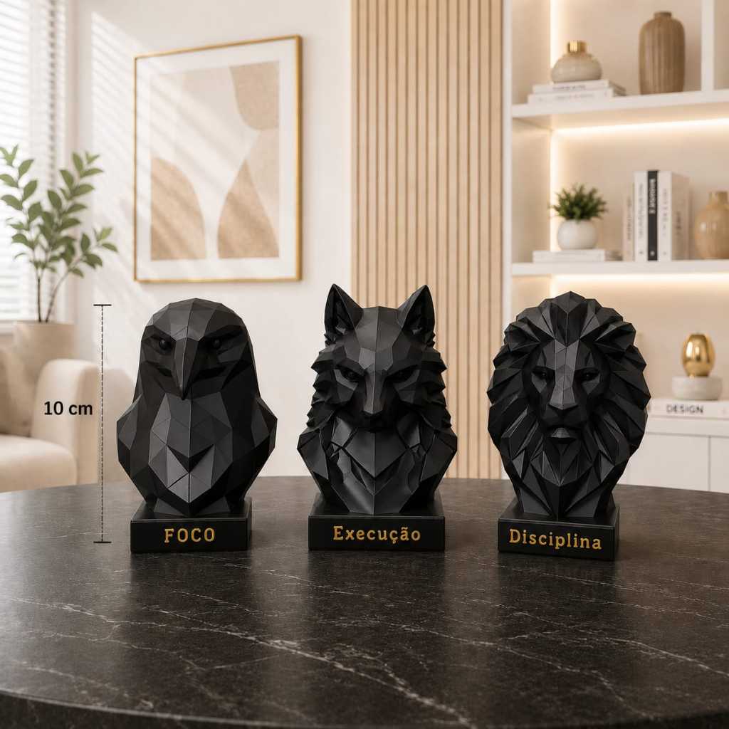 Trio de Bustos Decorativos Motivacionais Geométricos 10cm- Foco, Execução e Disciplina