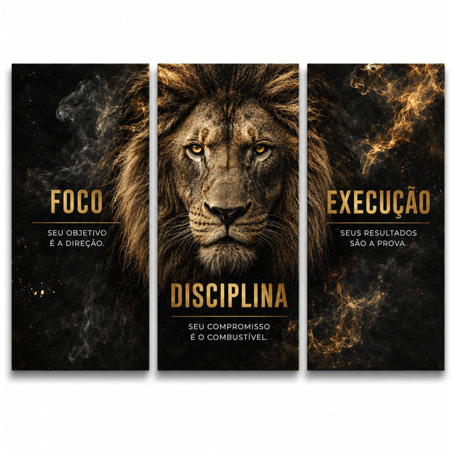Quadro Decorativo Leão Motivacional Trio 3 Peças Foco Disciplina Execução Decoração Escritório