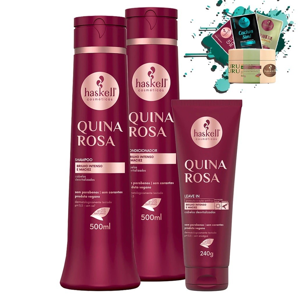 Shampoo e Condicionador 500ml + Leave-in 240gr Quina Rosa Haskell