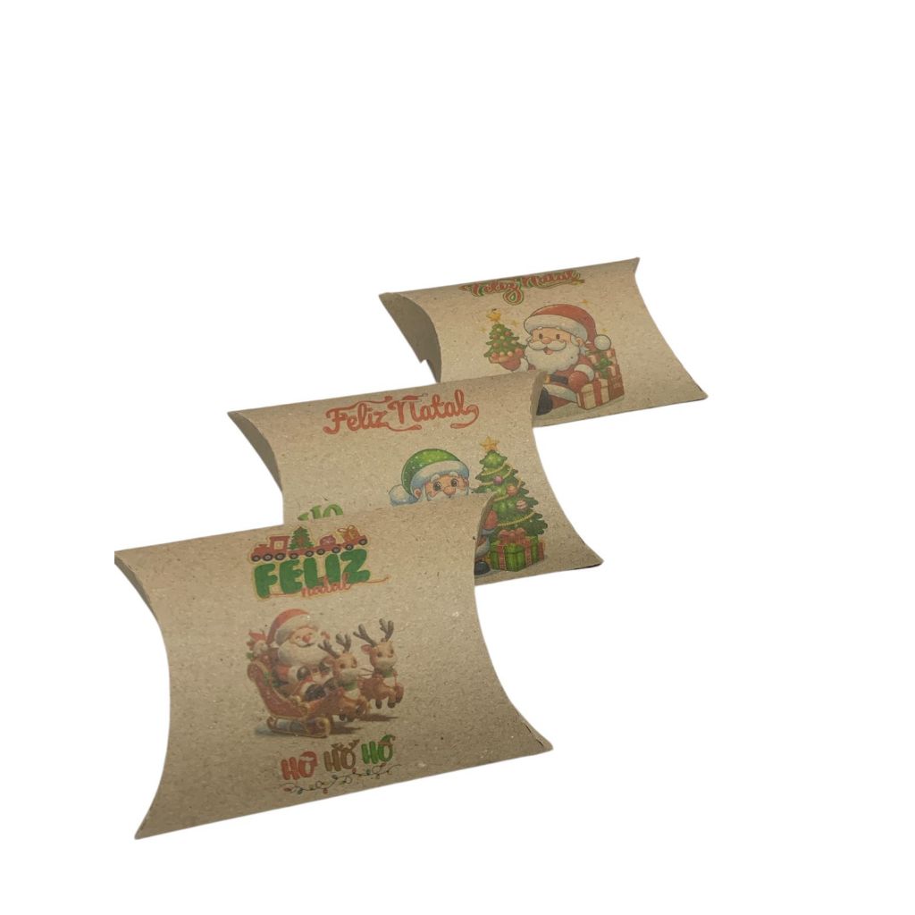 20 Caixa Almofada Feliz Natal Para Lembrancinha Kraft Pão de Mel Brownie Palha Italiana  Bombons Biju Embalagem.TAM P