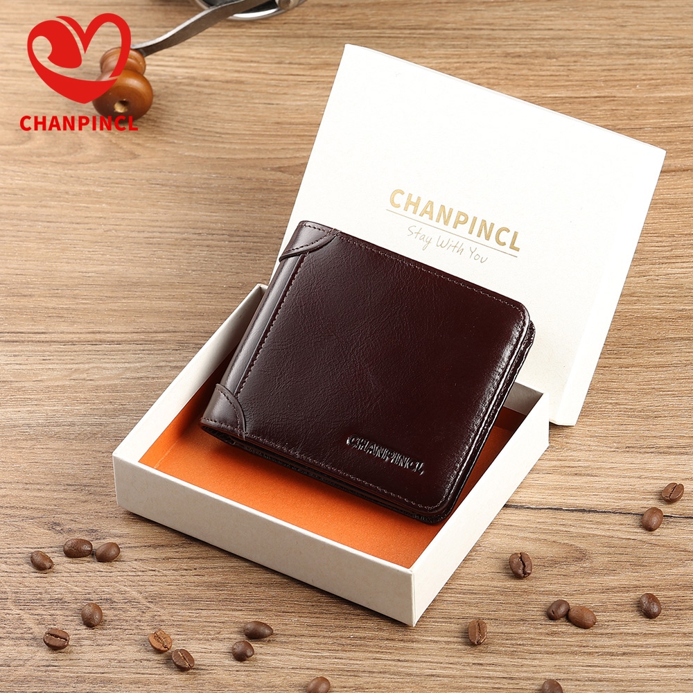 Carteira Masculina Tri-Fold Curta em Couro Legítimo Italiano CHANPINCL – Bloqueio RFID e Caixa de Presente