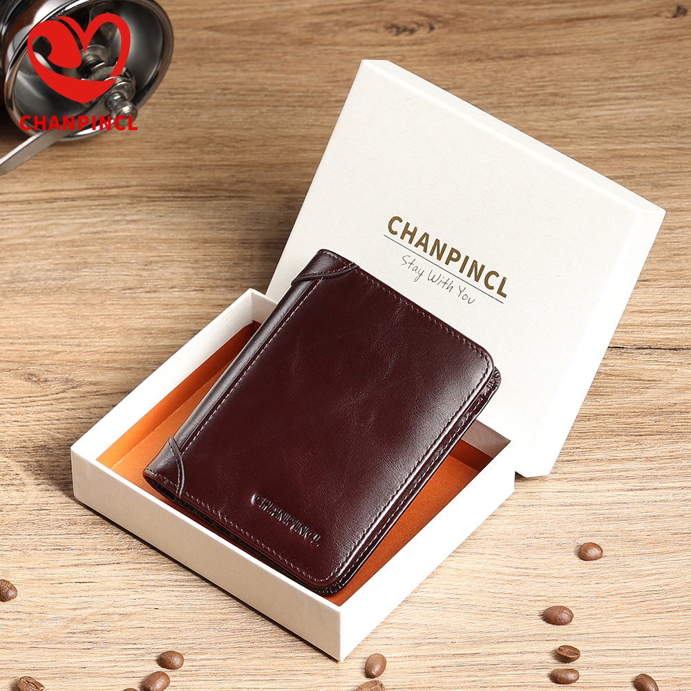 Carteira Masculina Tri-Fold Curta em Couro Legítimo Italiano CHANPINCL – Bloqueio RFID e Caixa de Presente