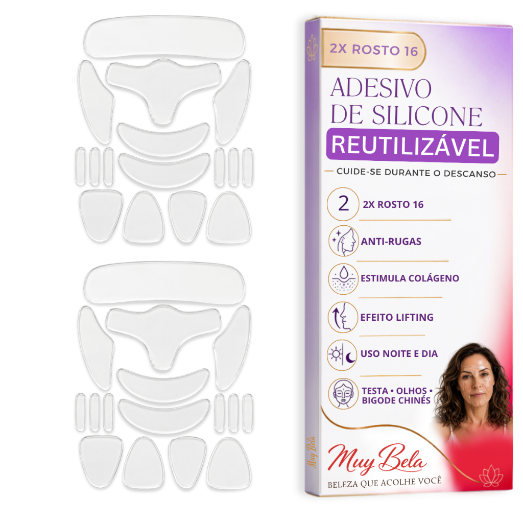 Kit com 2 Silicone Adesivo Lavável Rosto 16 peças Muy Bela Anti rugas natural Skin care Reduz Rugas Reutilize até 30x